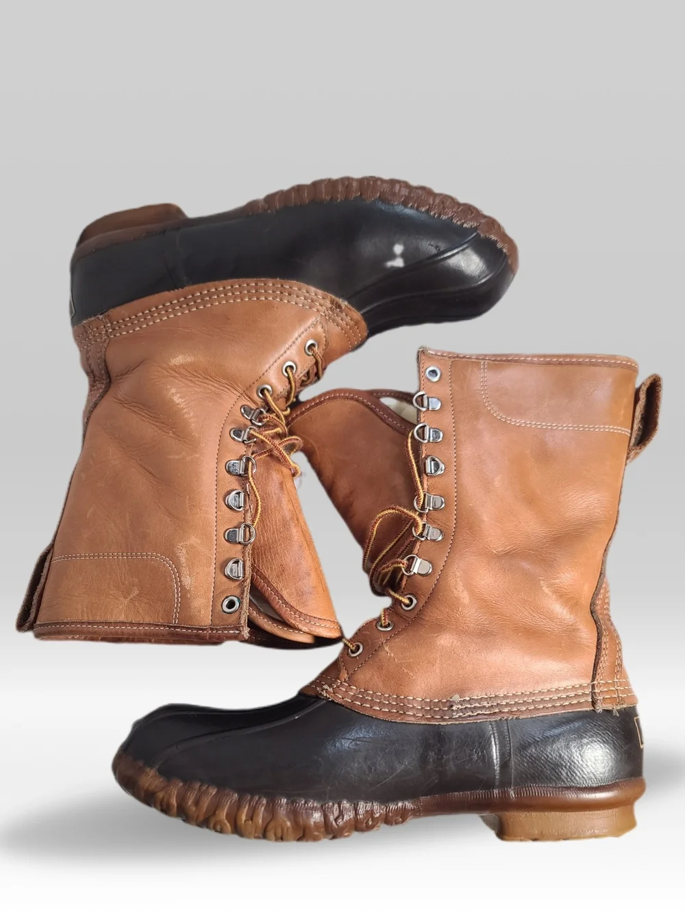 L.L. Bean Two-Tone Leather and Rubber Duck Boots in Brown and Black